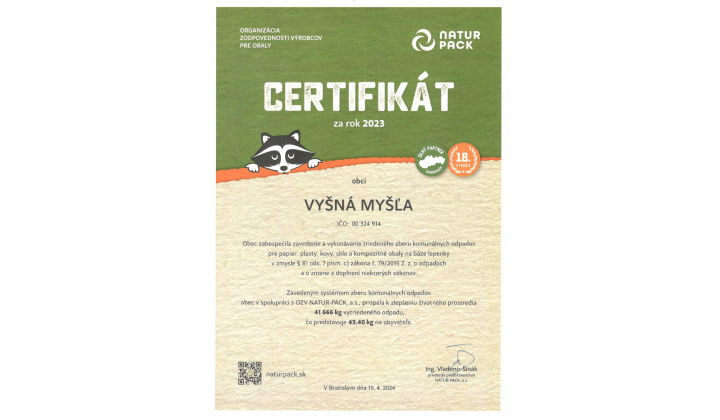 Certifikát za rok 2023 '' NATUR PACK '' pre obec Vyšná Myšľa