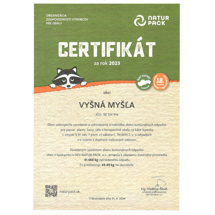 Certifikát za rok 2023 '' NATUR PACK '' pre obec Vyšná Myšľa