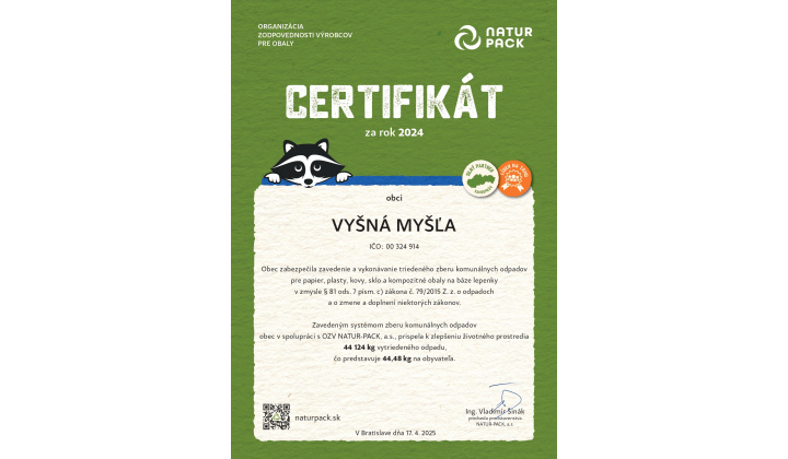 Fotka pre článok Certifikát za rok 2024 '' NATUR - PACK '' pre obec Vyšná Myšľa
