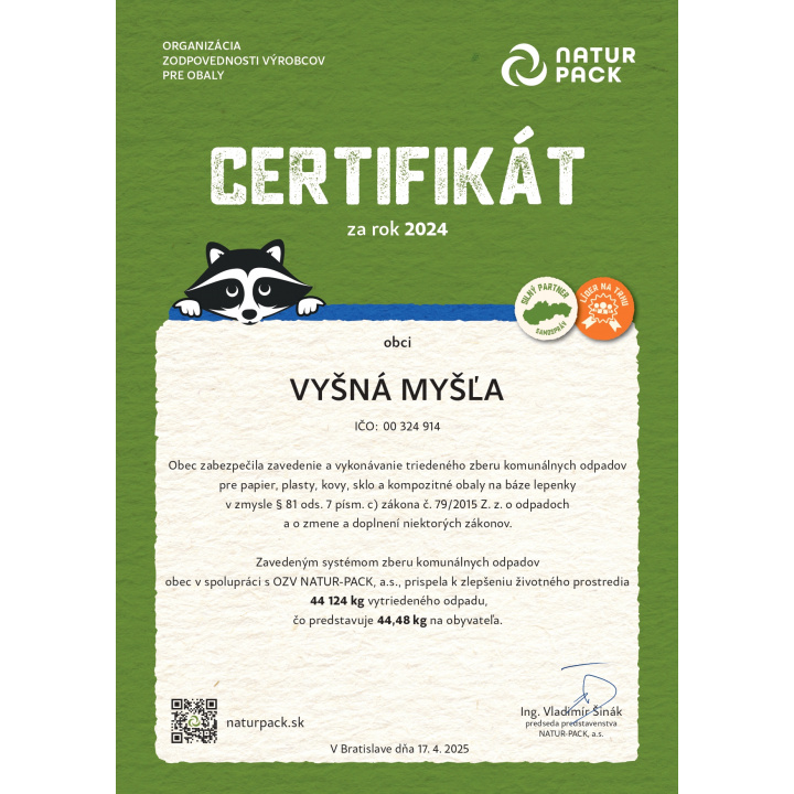 Menšia fotka pre článok Certifikát za rok 2024 '' NATUR - PACK '' pre obec Vyšná Myšľa