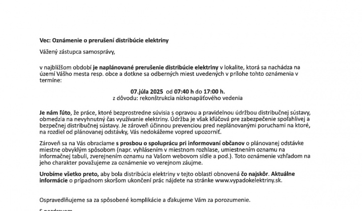 Aktuality / OZNAM O PRERUŠENÍ DISTRIBÚCIE ELEKTRINY - foto