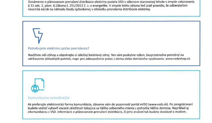 Aktuality / OZNAM O PRERUŠENÍ DISTRIBÚCIE ELEKTRINY - foto