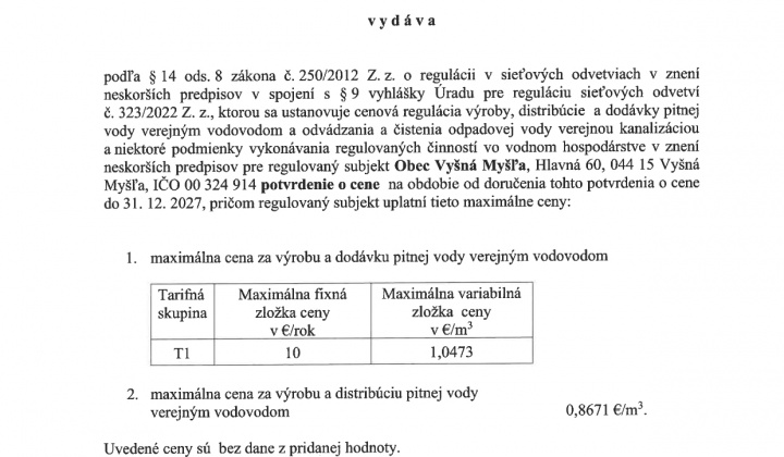 Aktuality / Potvrdenie o cene za výrobu a dodávku pitnej vody verejným vodovodom na obdobie od 25.07.2025 - 31.12.2027 - foto
