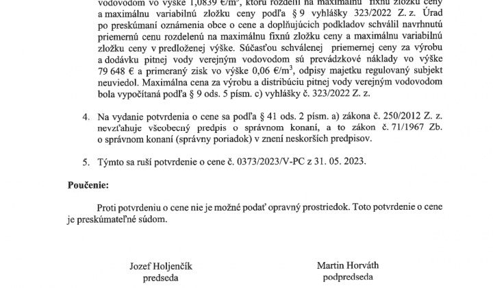 Aktuality / Potvrdenie o cene za výrobu a dodávku pitnej vody verejným vodovodom na obdobie od 25.07.2025 - 31.12.2027 - foto