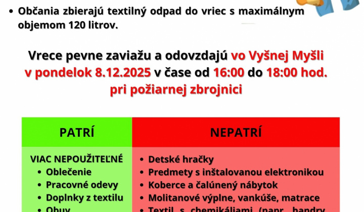 Aktuality / ZBER TEXTILNÉHO ODPADU - 8.12.2025 ( pondelok ) - foto