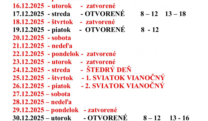 Aktuality / ÚRADNÉ HODINY OcÚ POČAS VIANOČNÝCH SVIATKOV A V NOVOM ROKU - foto