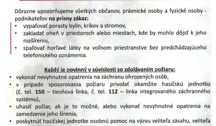 Aktuality / VYHLÁSENIE ČASU ZVÝŠENÉHO NEBEZPEČENSTVA VZNIKU POŽIARU - foto