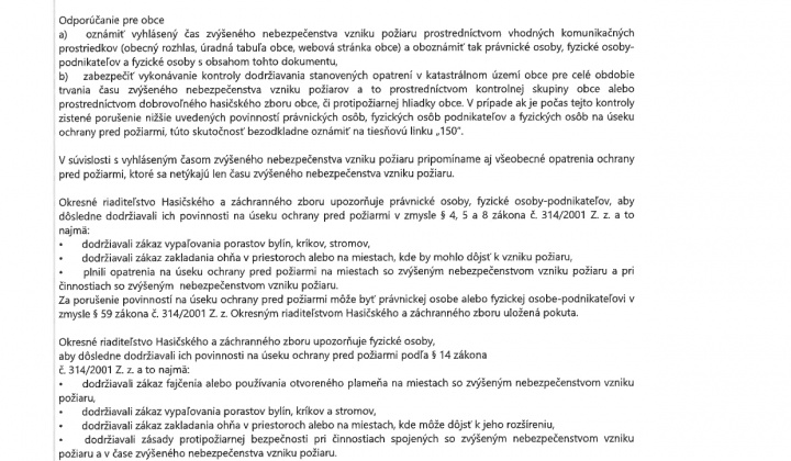 Aktuality / VYHLÁSENIE ČASU ZVÝŠENÉHO NEBEZPEČENSTVA VZNIKU POŽIARU - foto