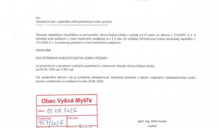 Aktuality / ODVOLANIE ČASU ZVÝŠENÉHO NEBEZPEČENSTVA VZNIKU POŽIARU - foto