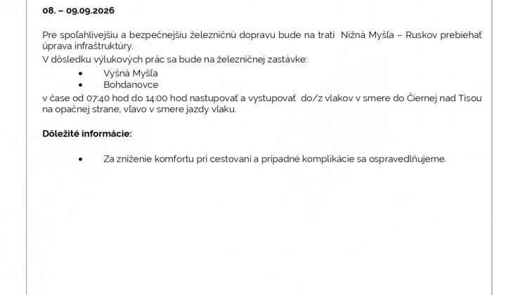 Aktuality / OZNAM O VÝLUKE V ŽELEZNIČNEJ DOPRAVE NA TRASE NIŽNÁ MYŠĽA - RUSKOV - foto