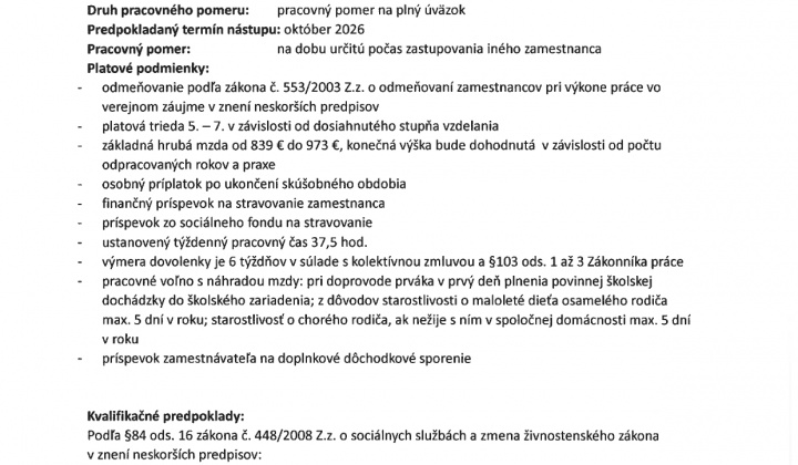 Aktuality / OZNÁMENIE O VOĽNOM PRACOVNOM MIESTE  - foto