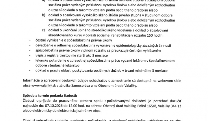 Aktuality / OZNÁMENIE O VOĽNOM PRACOVNOM MIESTE  - foto