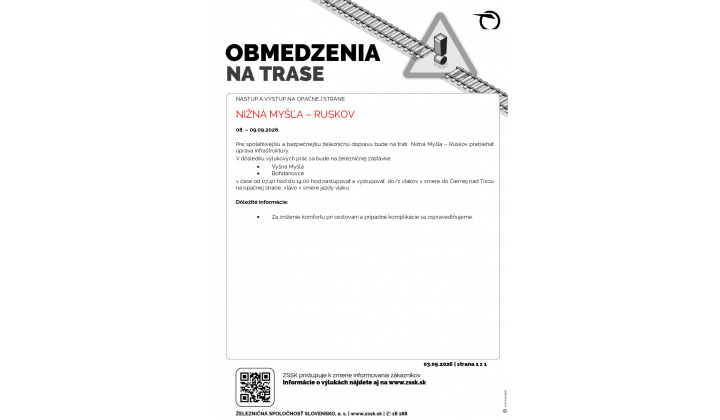 Fotka pre článok OZNAM  O OBMEDZENÍ V ŽELEZNIČNEJ DOPRAVE NA TRASE NIŽNÁ MYŠĽA - RUSKOV