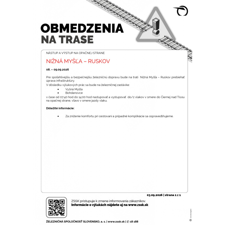 Menšia fotka pre článok OZNAM  O OBMEDZENÍ V ŽELEZNIČNEJ DOPRAVE NA TRASE NIŽNÁ MYŠĽA - RUSKOV