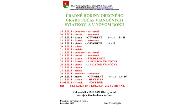 Fotka pre článok ÚRADNÉ HODINY OcÚ POČAS VIANOČNÝCH SVIATKOV A V NOVOM ROKU