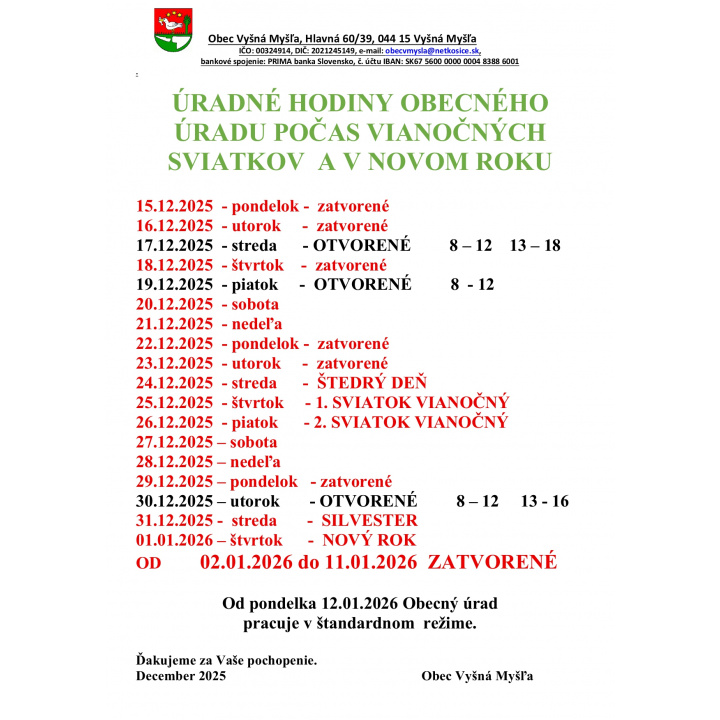 Menšia fotka pre článok ÚRADNÉ HODINY OcÚ POČAS VIANOČNÝCH SVIATKOV A V NOVOM ROKU
